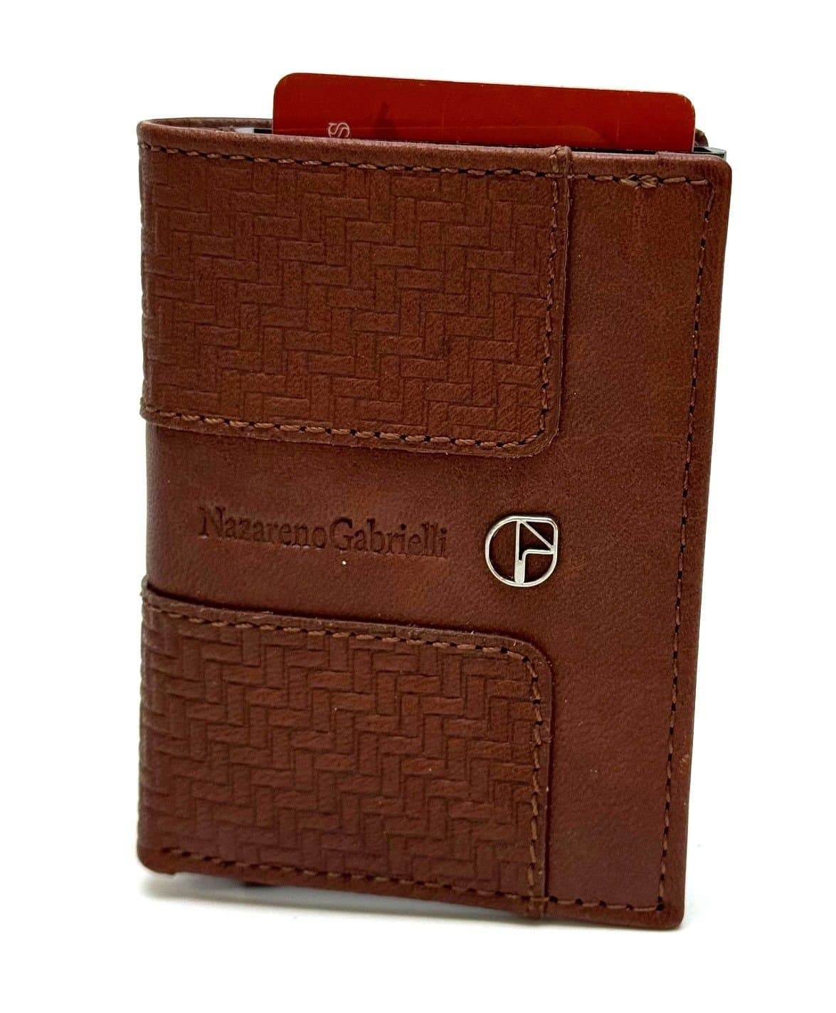 Portafoglio in vera pelle e porta carte di credito in alluminio, da uomo LAVAL con BLOCCO RFID, colore MARRONE, CHIAROSCURO.