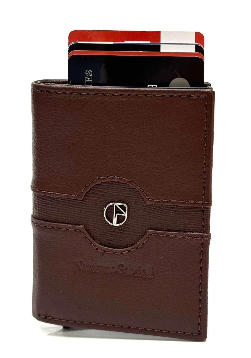 Portafoglio in vera pelle e porta carte di credito in alluminio, da uomo LAVAL con BLOCCO RFID, colore MARRONE, CHIAROSCURO.