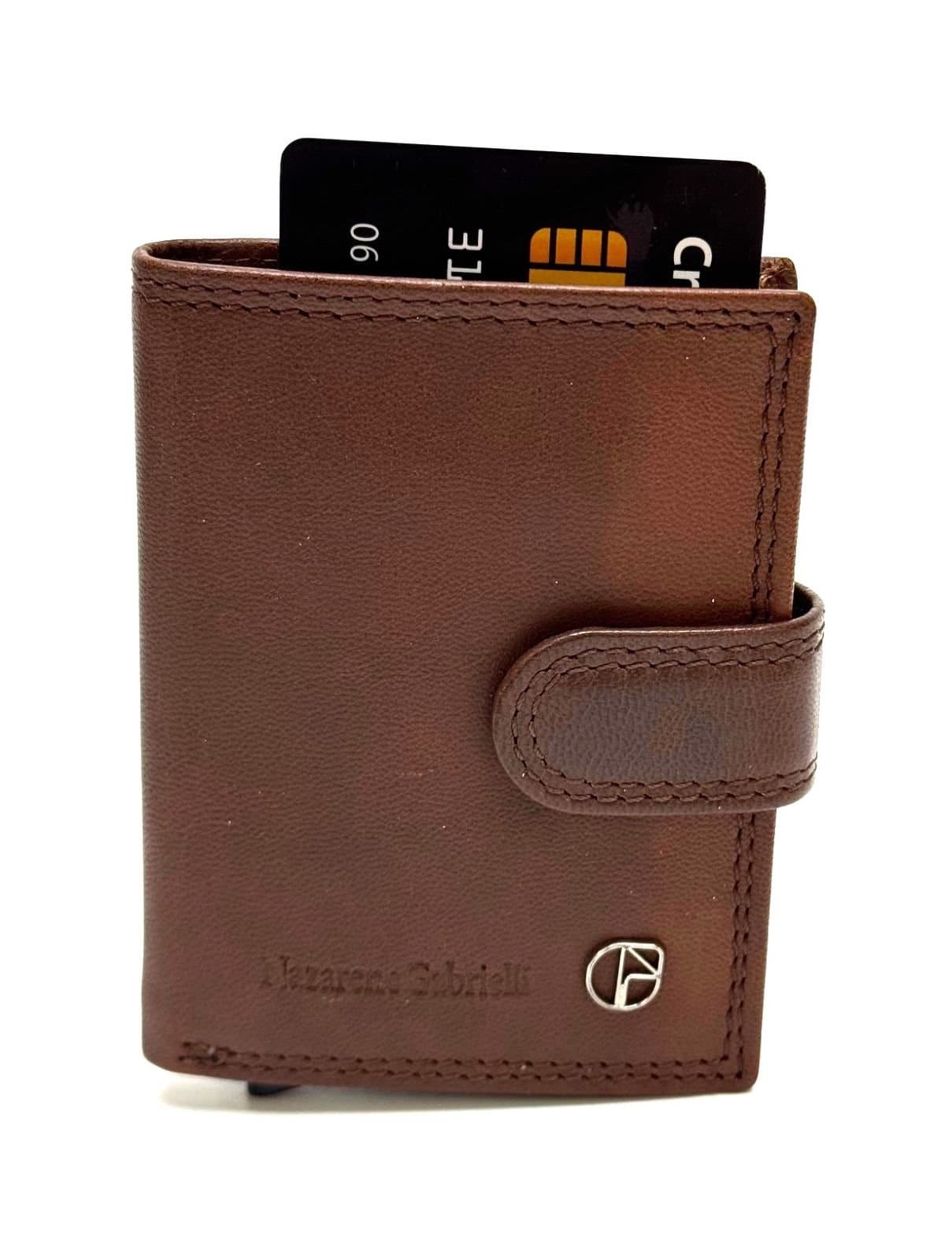 Portafoglio in vera pelle e porta carte di credito in alluminio, da uomo LAVAL con BLOCCO RFID, colore MARRONE, CHIAROSCURO.