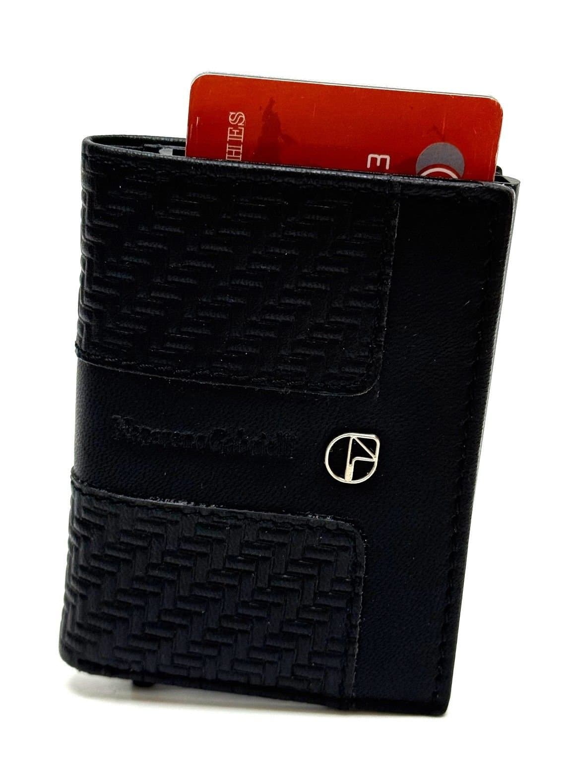 Portafoglio in vera pelle e porta carte di credito in alluminio, da uomo LAVAL con BLOCCO RFID, colore NERO, CHIAROSCURO.