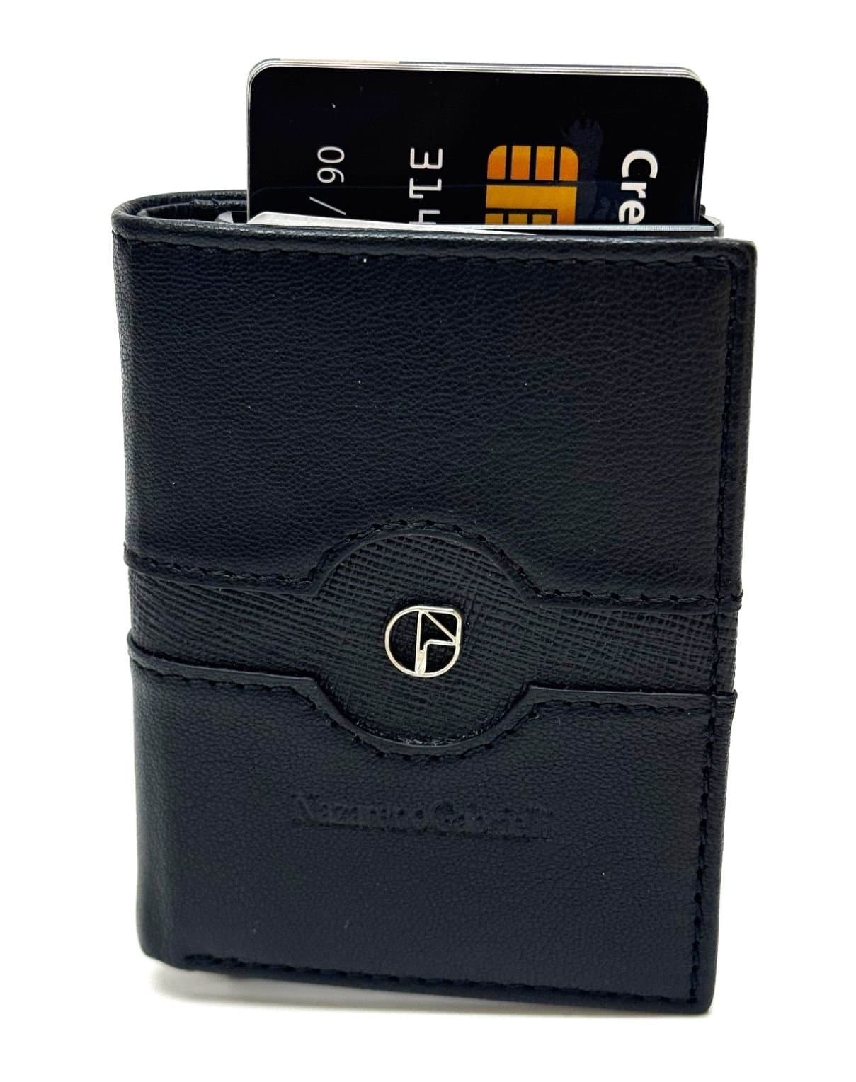 Portafoglio in vera pelle e porta carte di credito in alluminio, da uomo LAVAL con BLOCCO RFID, colore NERO, CHIAROSCURO