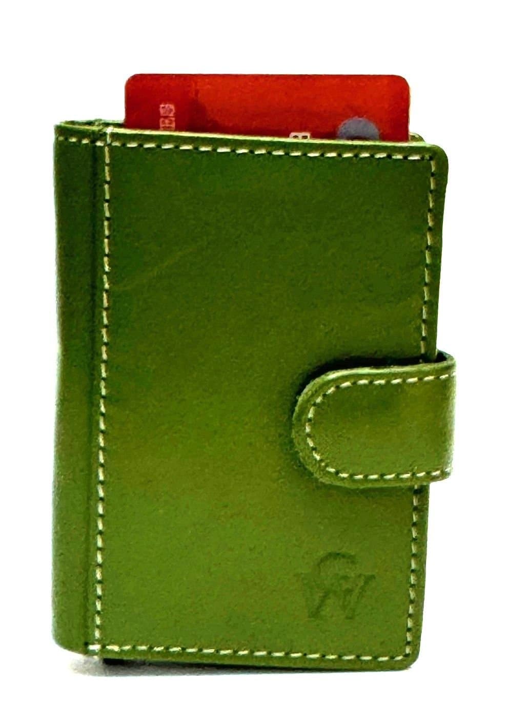 Portafoglio in vera pelle e porta carte di credito in alluminio da uomo MILTON LUCIDO, con BLOCCO RFID, colore VERDE, CHIAROSCURO.