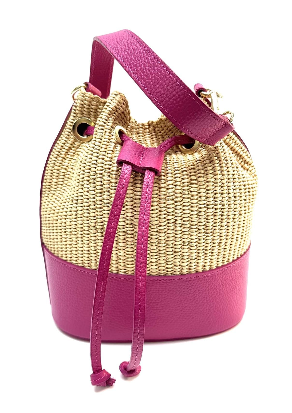 Borsa small a mano / a tracolla da donna in vera pelle / rafia SELENE, colore ROSA, CHIAROSCURO, Made in Italy