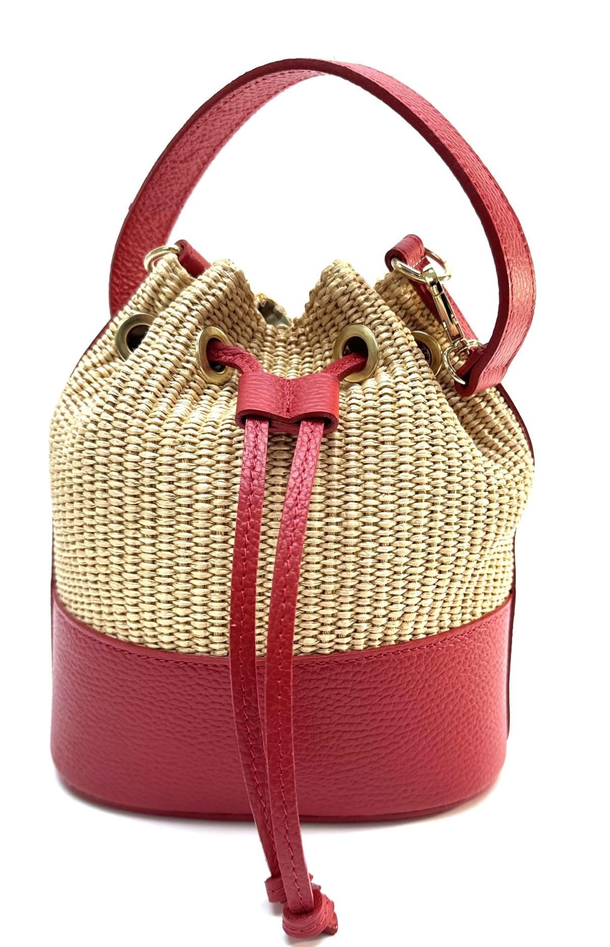 Borsa small a mano / a tracolla da donna in vera pelle / rafia SELENE, colore ROSSO, CHIAROSCURO, Made in Italy