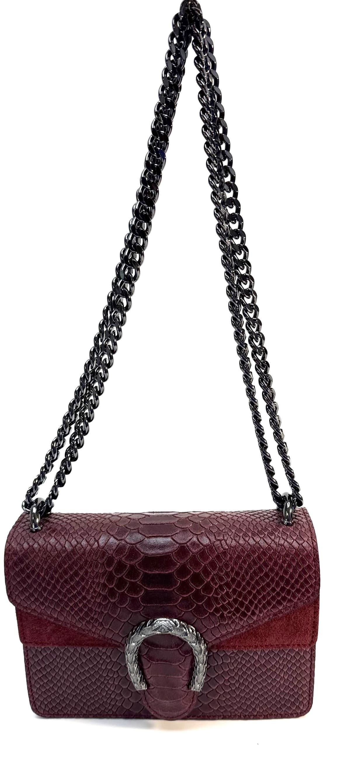 Genuine leather small shoulder bag VIKTORIA, color bordeaux, CHIAROSCURO, MADE IN ITALY