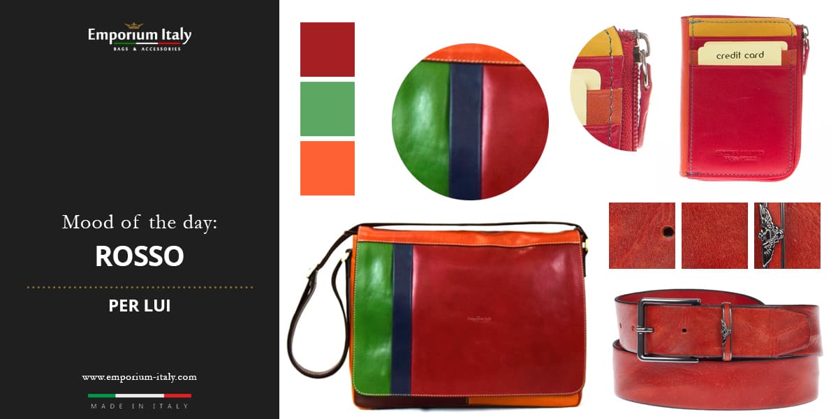 Moodboard: multicolor red for him - bag, card holder and belt