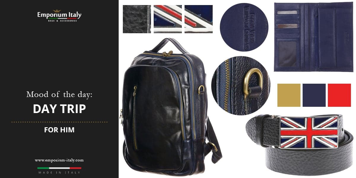 Moodboard: day trip for him – backpack, wallet, belt